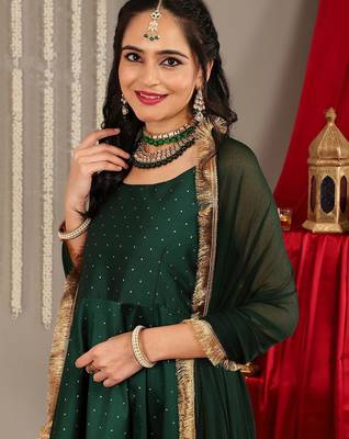 Woven Design Shoulder Straps Zari Detail Anarkali Kurta & Trousers With Dupatta 2