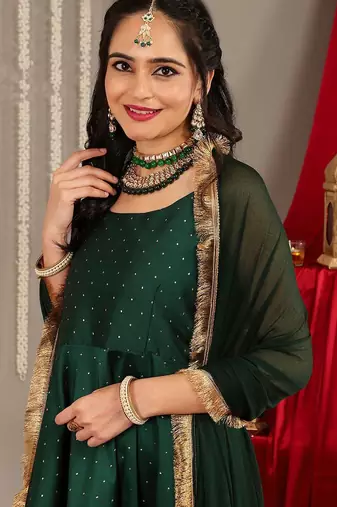 Woven Design Shoulder Straps Zari Detail Anarkali Kurta & Trousers With Dupatta
