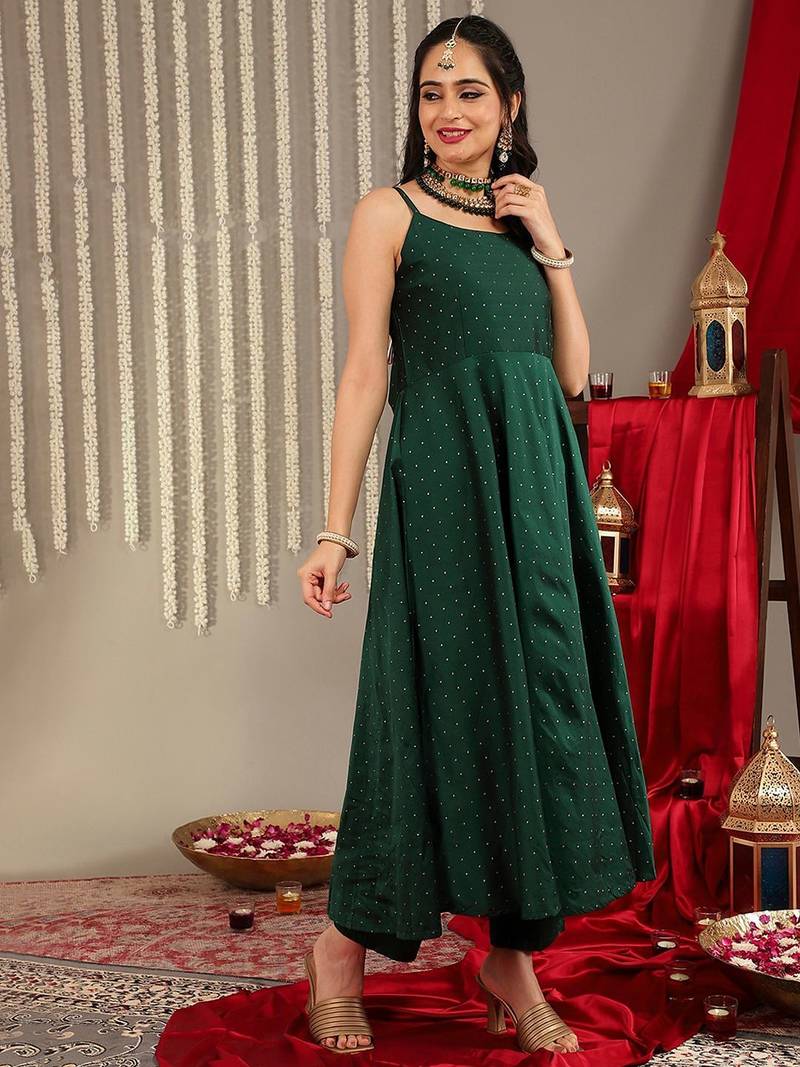 Woven Design Shoulder Straps Zari Detail Anarkali Kurta & Trousers With Dupatta