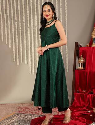 Woven Design Shoulder Straps Zari Detail Anarkali Kurta & Trousers With Dupatta 5