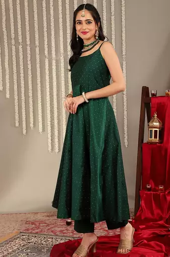 Woven Design Shoulder Straps Zari Detail Anarkali Kurta & Trousers With Dupatta