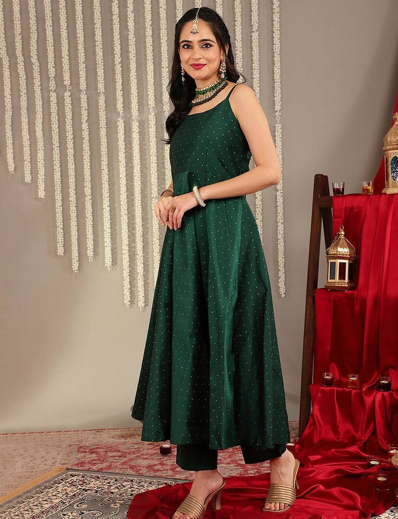 Woven Design Shoulder Straps Zari Detail Anarkali Kurta & Trousers With Dupatta