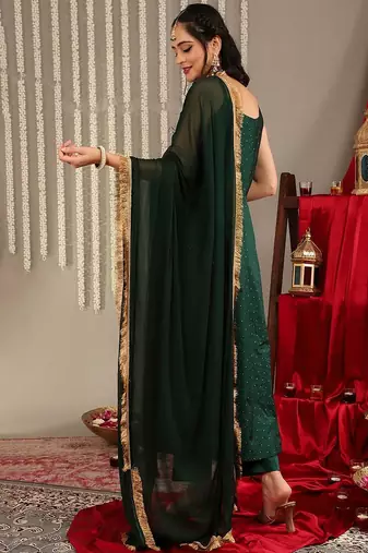Woven Design Shoulder Straps Zari Detail Anarkali Kurta & Trousers With Dupatta