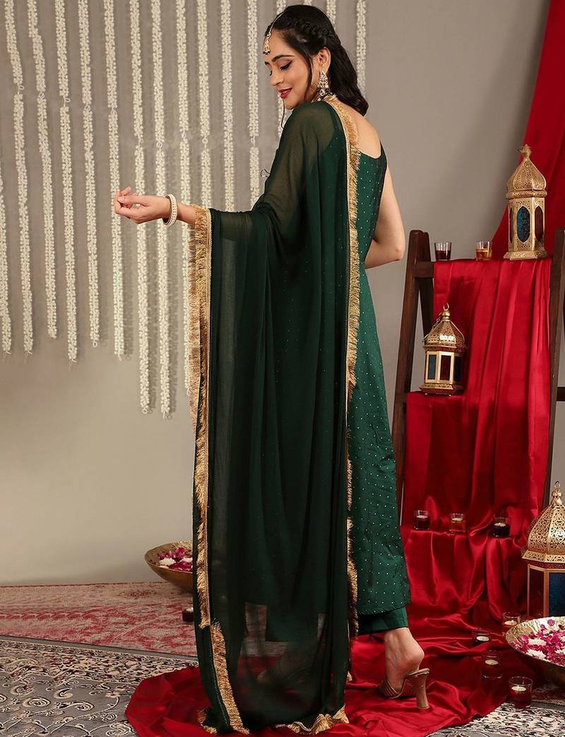 Woven Design Shoulder Straps Zari Detail Anarkali Kurta & Trousers With Dupatta