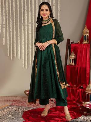 Woven Design Shoulder Straps Zari Detail Anarkali Kurta & Trousers With Dupatta 7