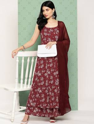 Women Floral Printed Panelled Silk Georgette Kurta with Palazzos & With Dupatta 1