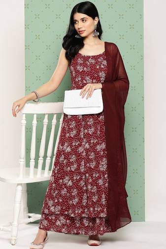 Women Floral Printed Panelled Silk Georgette Kurta with Palazzos & With Dupatta