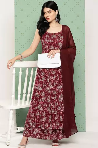 Women Floral Printed Panelled Silk Georgette Kurta with Palazzos & With Dupatta