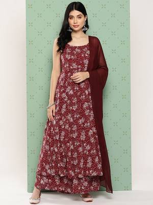 Women Floral Printed Panelled Silk Georgette Kurta with Palazzos & With Dupatta 2