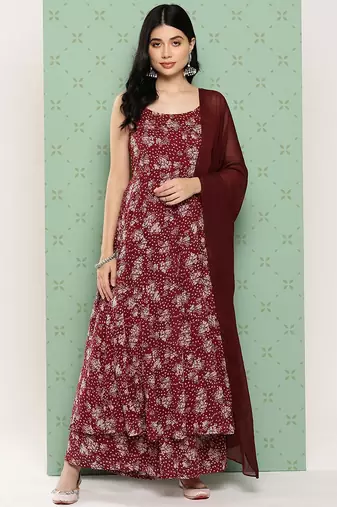 Women Floral Printed Panelled Silk Georgette Kurta with Palazzos & With Dupatta