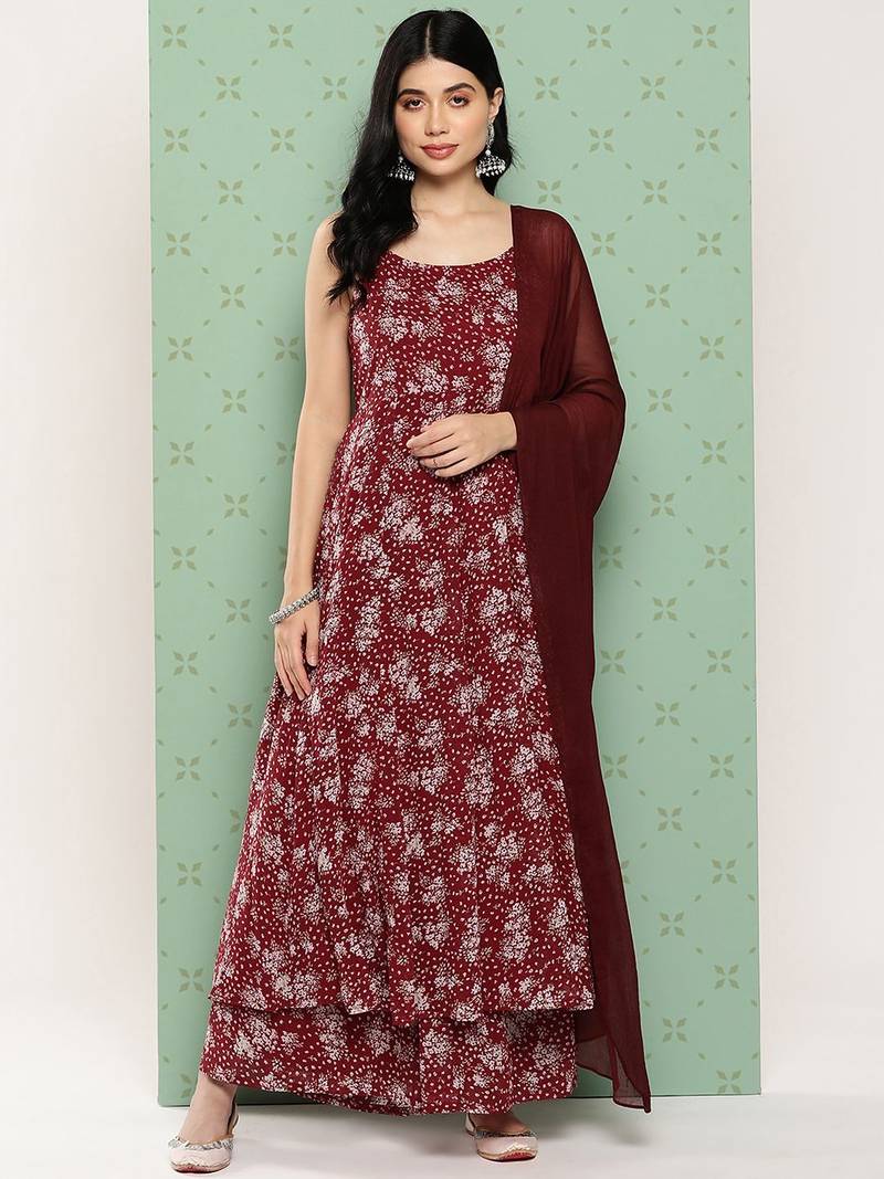 Women Floral Printed Panelled Silk Georgette Kurta with Palazzos & With Dupatta