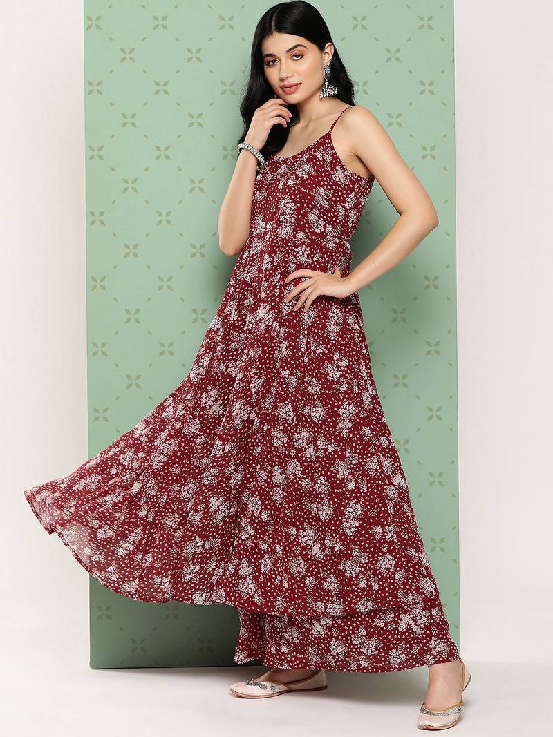 Women Floral Printed Panelled Silk Georgette Kurta with Palazzos & With Dupatta