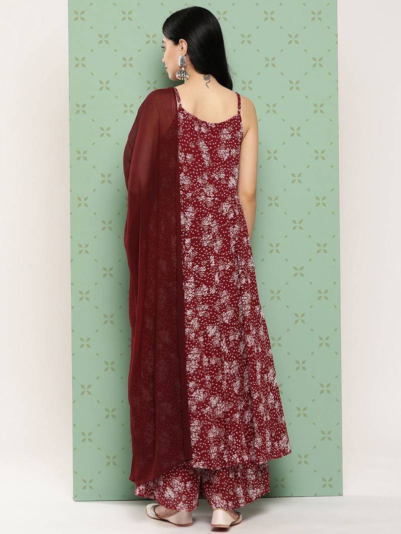 Women Floral Printed Panelled Silk Georgette Kurta with Palazzos & With Dupatta