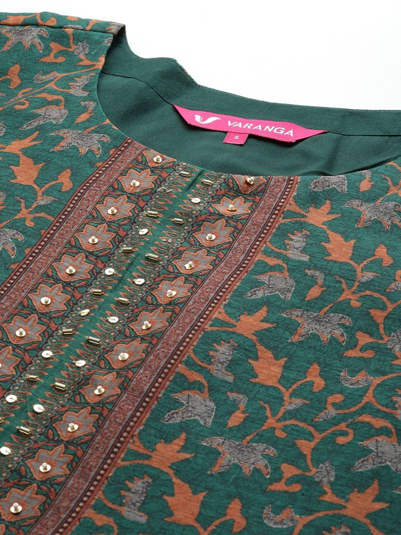 Ethnic Motifs Printed Sequinned Chanderi Cotton Kurta with Trousers & Dupatta