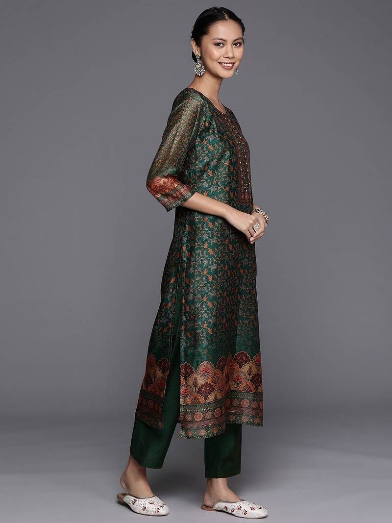 Ethnic Motifs Printed Sequinned Chanderi Cotton Kurta with Trousers & Dupatta