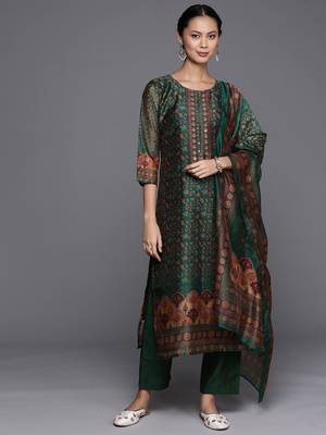 Ethnic Motifs Printed Sequinned Chanderi Cotton Kurta with Trousers & Dupatta 1