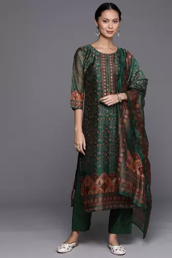 Ethnic Motifs Printed Sequinned Chanderi Cotton Kurta with Trousers & Dupatta
