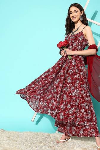 Floral Printed Empire Silk Georgette Kurta with Palazzos & With Dupatta