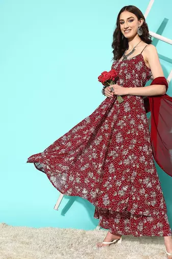 Floral Printed Empire Silk Georgette Kurta with Palazzos & With Dupatta
