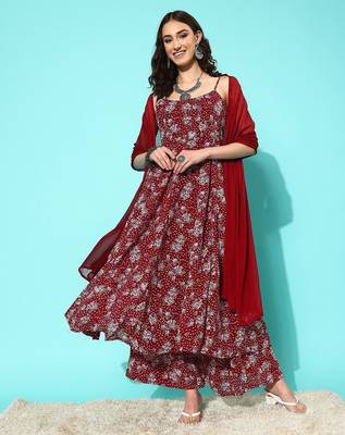 Floral Printed Empire Silk Georgette Kurta with Palazzos & With Dupatta 2