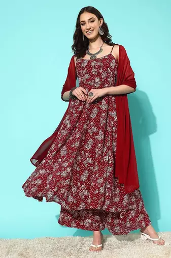 Floral Printed Empire Silk Georgette Kurta with Palazzos & With Dupatta