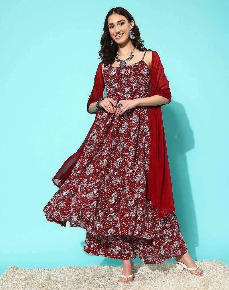 Floral Printed Empire Silk Georgette Kurta with Palazzos & With Dupatta