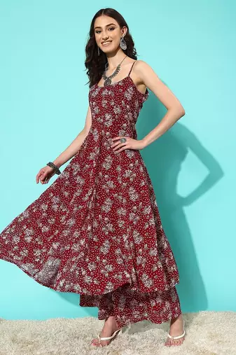 Floral Printed Empire Silk Georgette Kurta with Palazzos & With Dupatta