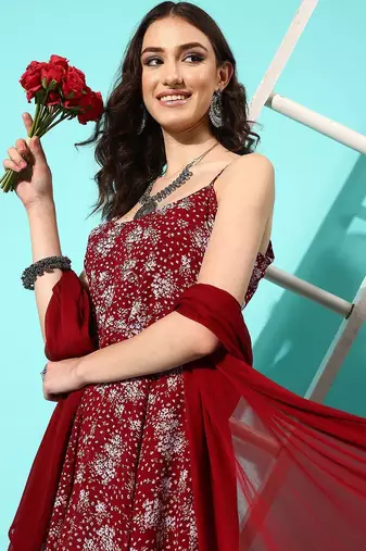Floral Printed Empire Silk Georgette Kurta with Palazzos & With Dupatta