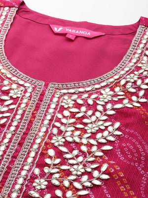 Women Fuchsia Bandhani Printed Regular Gotta Patti Kurta with Trousers & With Dupatta 3