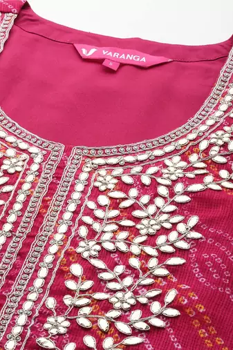 Women Fuchsia Bandhani Printed Regular Gotta Patti Kurta with Trousers & With Dupatta