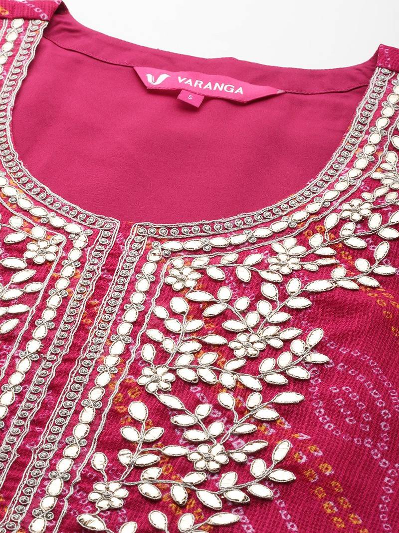 Women Fuchsia Bandhani Printed Regular Gotta Patti Kurta with Trousers & With Dupatta