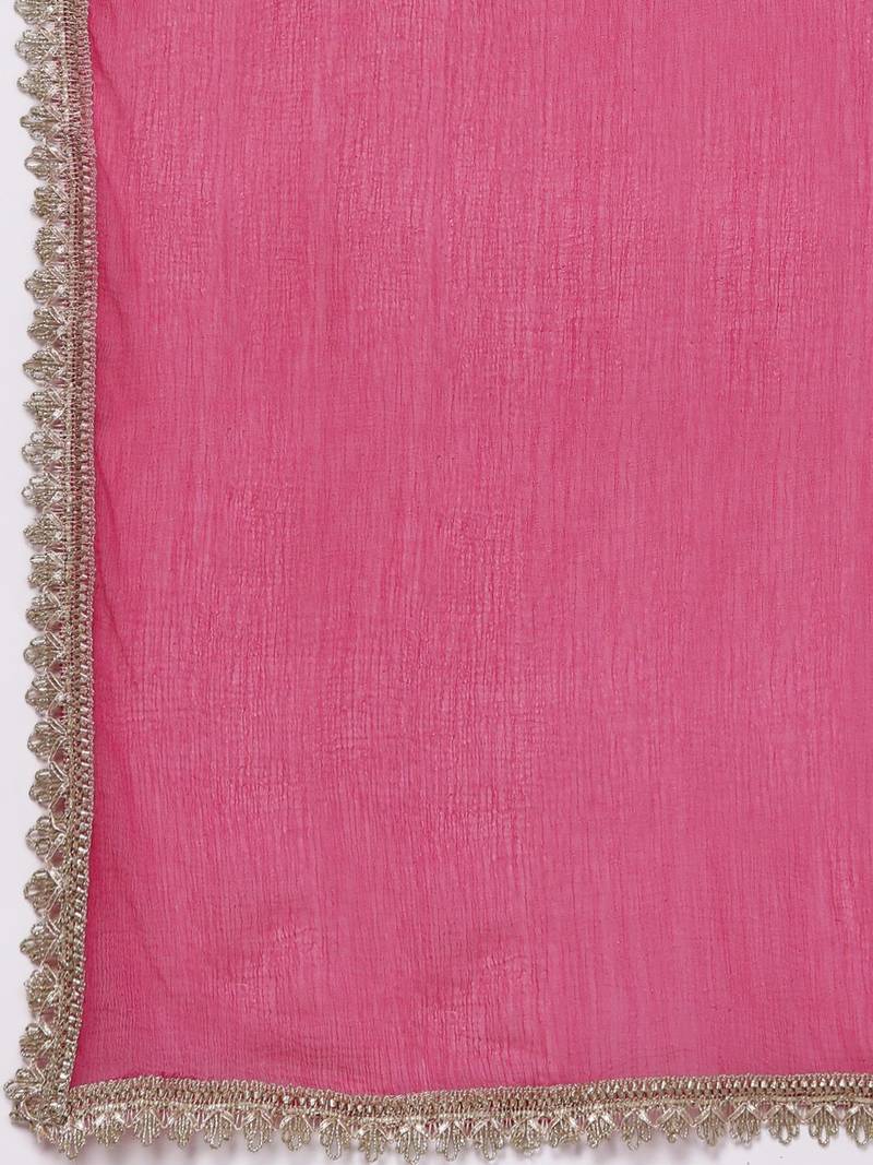 Women Fuchsia Bandhani Printed Regular Gotta Patti Kurta with Trousers & With Dupatta