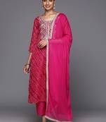 Women Fuchsia Bandhani Printed Regular Gotta Patti Kurta with Trousers & With Dupatta