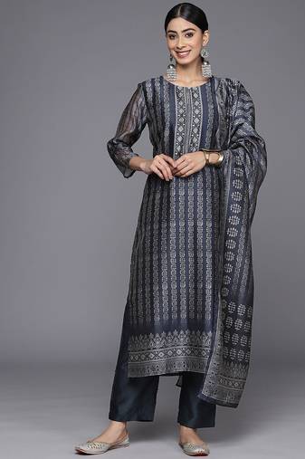 Women Printed Regular Sequinned Chanderi Silk Kurta with Trousers & With Dupatta