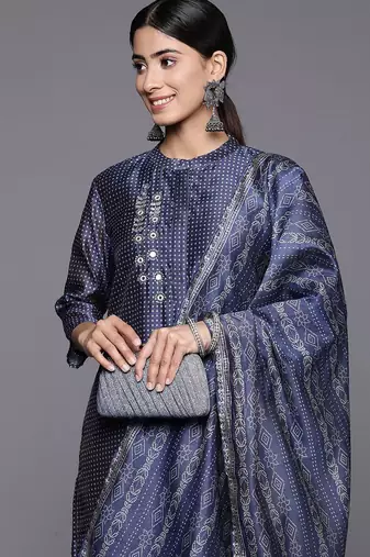 Bandhani Printed Regular Mirror Work Kurta with Trousers & With Dupatta
