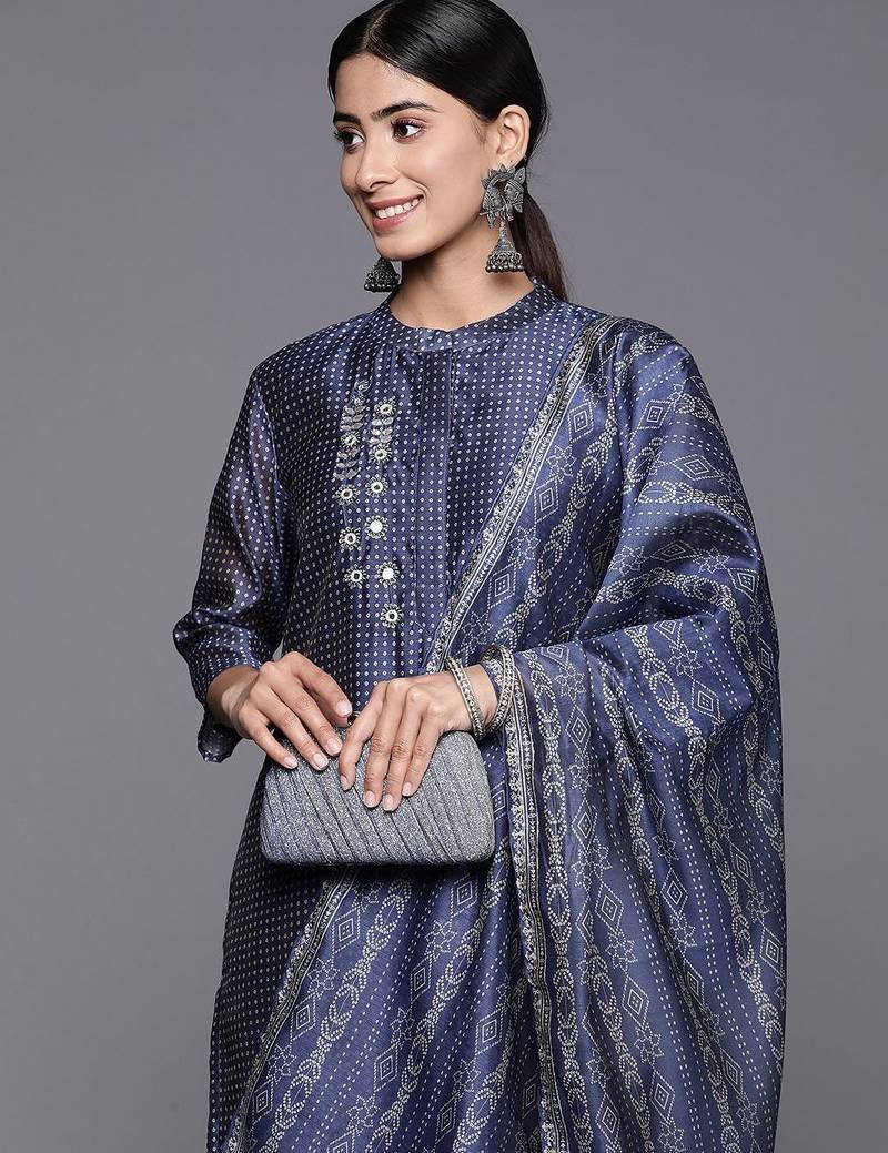 Bandhani Printed Regular Mirror Work Kurta with Trousers & With Dupatta