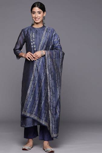 Bandhani Printed Regular Mirror Work Kurta with Trousers & With Dupatta