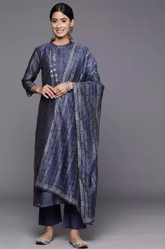 Bandhani Printed Regular Mirror Work Kurta with Trousers & With Dupatta