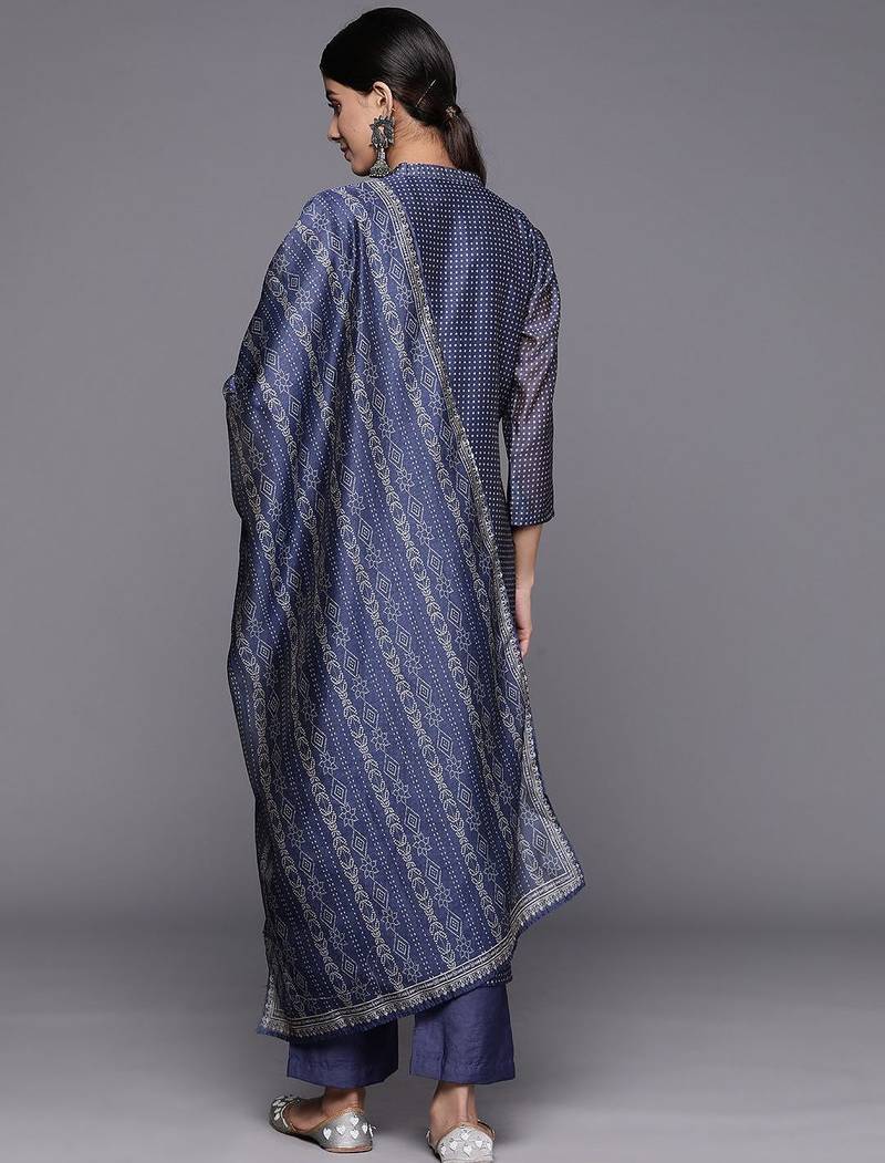 Bandhani Printed Regular Mirror Work Kurta with Trousers & With Dupatta