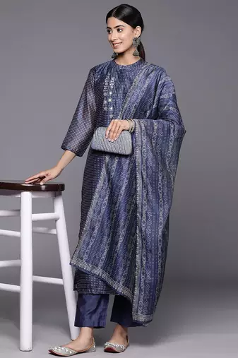 Bandhani Printed Regular Mirror Work Kurta with Trousers & With Dupatta