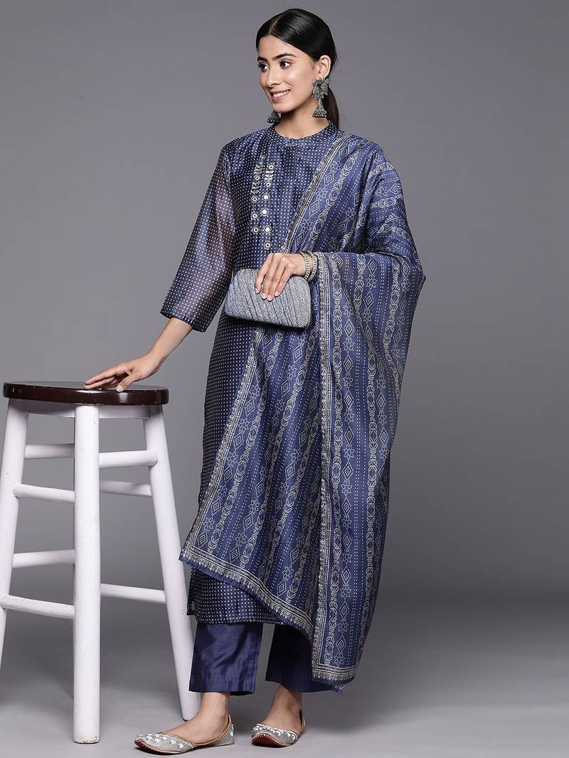 Bandhani Printed Regular Mirror Work Kurta with Trousers & With Dupatta