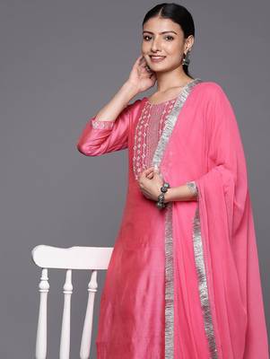 Women Pink Yoke Design Kurta with Trousers & With Dupatta 2
