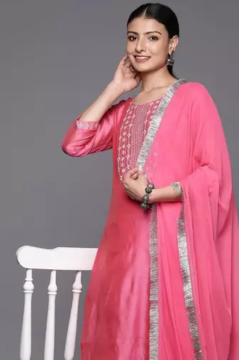 Women Pink Yoke Design Kurta with Trousers & With Dupatta