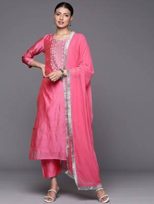 Women Pink Yoke Design Kurta with Trousers & With Dupatta 1