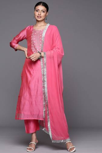 Women Pink Yoke Design Kurta with Trousers & With Dupatta