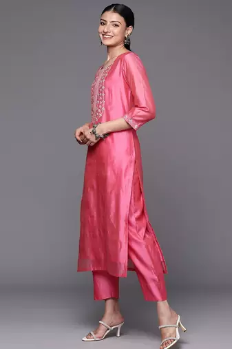 Women Pink Yoke Design Kurta with Trousers & With Dupatta