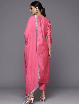 Women Pink Yoke Design Kurta with Trousers & With Dupatta 7