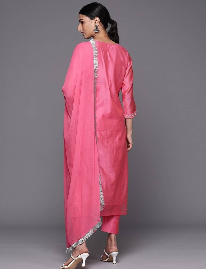 Women Pink Yoke Design Kurta with Trousers & With Dupatta