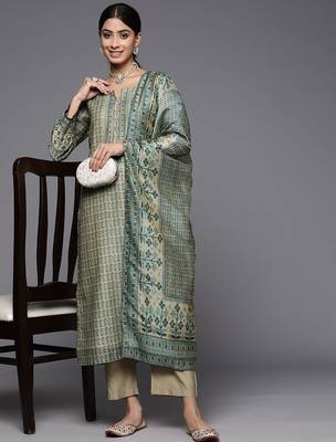 Ethnic Motifs Printed Chanderi Silk Kurta With Trousers & With Dupatta 1