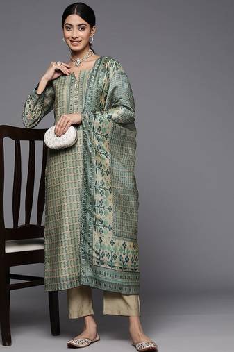 Ethnic Motifs Printed Chanderi Silk Kurta With Trousers & With Dupatta